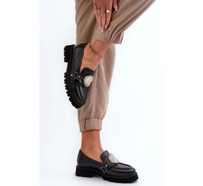 Zazoo 3485 Mokasyny Damskie Ze Złotą Ozdobą Skóra Naturalna