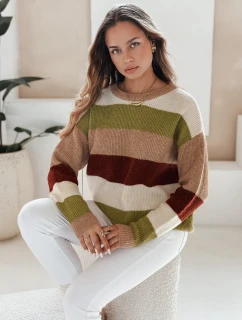 Dámsky pruhovaný sveter CALVENA camel green FashionStreet MY2559