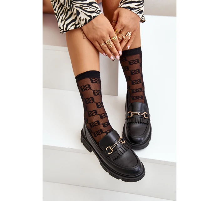 Mokasyny Damskie Z Ozdobą Eko Skórzane Czarne Tialorae