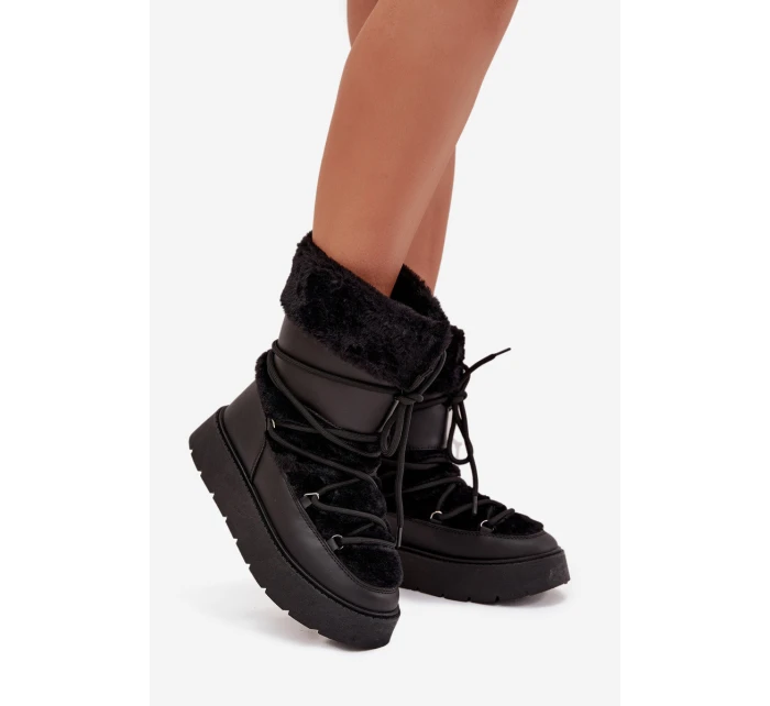 Dámske snežnice na platforme s kožušinou a šnurovaním Marinna - čierne Dámske snežnice na platforme s kožušinou a šnurovaním Marinna - čierne