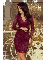 Dámske krajkové šaty v bordovej farbe s dlhými rukávmi a výstrihom model 6394168 Dámske krajkové šaty v bordovej farbe s dlhými rukávmi a výstrihom model 6394168