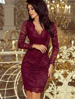 Dámské krajkové šaty v bordó barvě s dlouhými rukávy a výstřihem model 6394168 - numoco