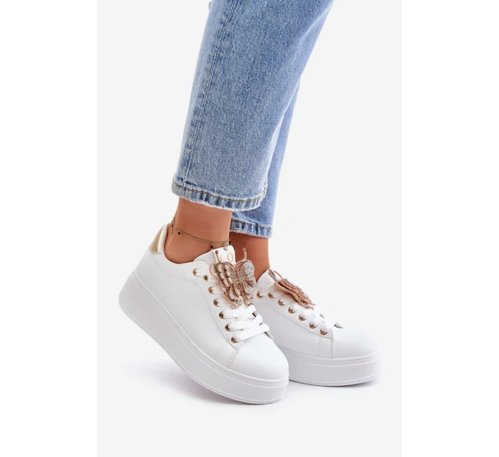 Sneakersy Damskie Na Platformie Z Motylem Biało-Złote Naritevia Sneakersy Damskie Na Platformie Z Motylem Biało-Złote Naritevia