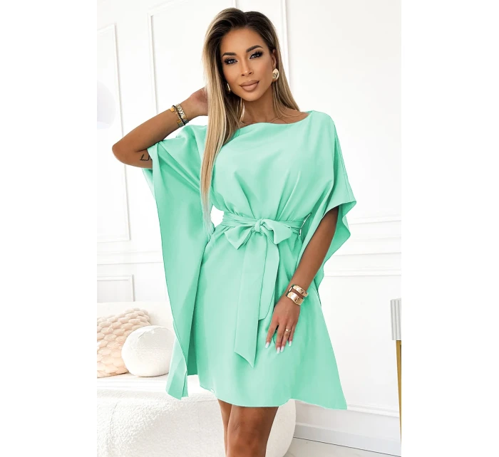 287-31 SOFIA Dámske šaty s motýlikom a viazaním v páse - MINT 287-31 SOFIA Dámske šaty s motýlikom a viazaním v páse - MINT