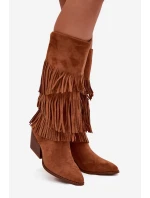 Ocieplane Kozaki Kowbojki Damskie Z Frędzlami Camel Brivina