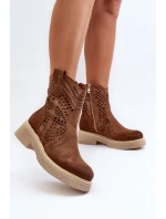 Zazoo 3470 Zamszowe Botki Damskie Na Płaskim Obcasie Ażurowe Brązowe