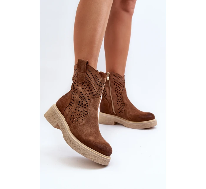 Zazoo 3470 Zamszowe Botki Damskie Na Płaskim Obcasie Ażurowe Brązowe