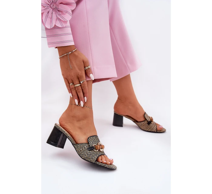 Klapki Damskie Na Obcasie Z Ozdobą Czarne Ovittole