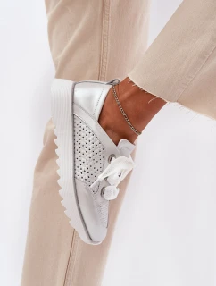 Skórzane Sneakersy Damskie Na Platformie D&A LR51-796 Srebrne