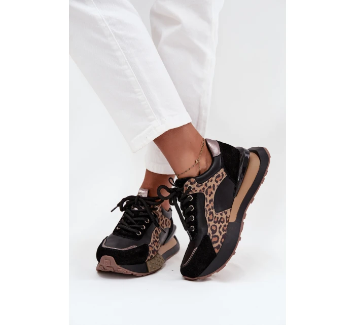 Dámske kožené tenisky na platforme s leopardím vzorom Artiker - čierne Dámske kožené tenisky na platforme s leopardím vzorom Artiker - čierne