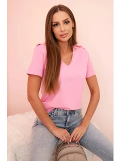 Dámská bavlněná blůza s V výstřihem a krátkým rukávem světle růžová
