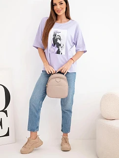 Dámská bavlněná oversize halenka s krátkým rukávem a módním potiskem světle fialová