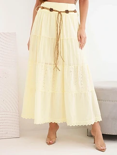 Dámska maxi bavlnená sukňa s čipkovou výšivkou a elastickým pásom žltá