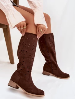 Dámske perforované čižmy na podpätku Helinna - chocolate