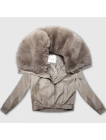 Béžová kožená bunda s veľkým kožušinovým golierom Glakate (LU98090#)