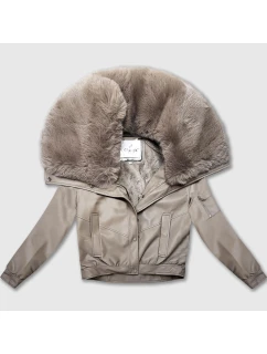 Béžová kožená bunda s veľkým kožušinovým golierom Glakate (LU98090#)