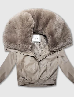 Béžová kožená bunda s veľkým kožušinovým golierom Glakate (LU98090#)