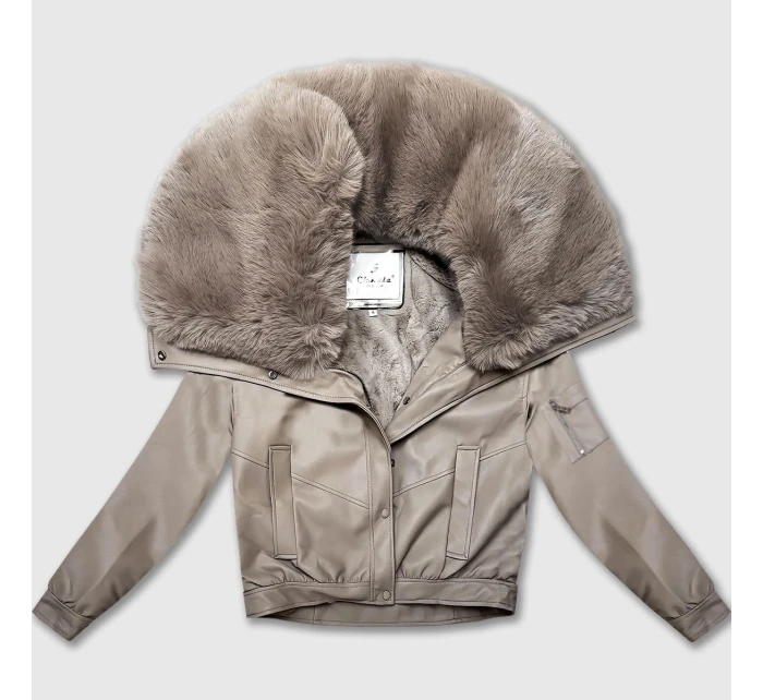 Béžová kožená bunda s veľkým kožušinovým golierom Glakate (LU98090#)