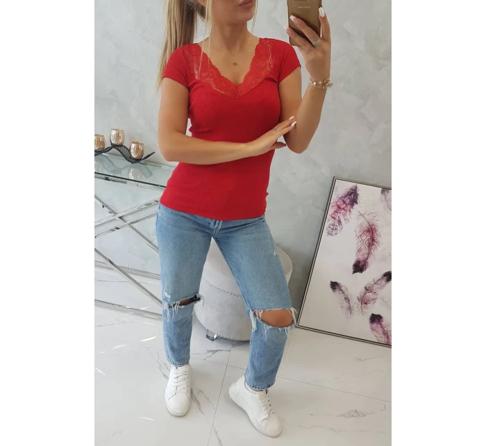 Blúzka s čipkovým výstrihom červená