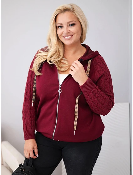 Dámská bavlněná mikina Plus Size s pletenými rukávy a kapucí bordó červená Dámská bavlněná mikina Plus Size s pletenými rukávy a kapucí bordó červená