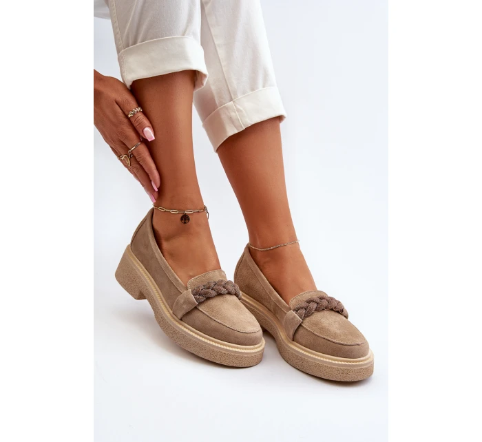 Zazoo 3429/W Damskie Zamszowe Mokasyny Z Ozdobą Beżowe