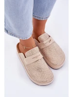 Klapki Damskie Zdobione Cyrkoniami Na Platformie Beżowe Deorani