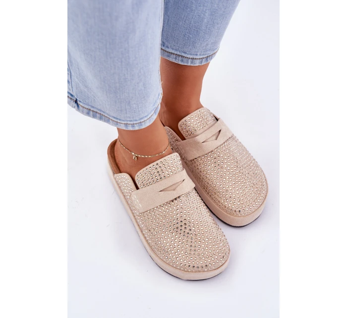 Klapki Damskie Zdobione Cyrkoniami Na Platformie Beżowe Deorani