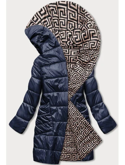 Tmavo modro-béžová preložená obálková dámska bunda s kapucňou (B8040-3046) Tmavo modro-béžová preložená obálková dámska bunda s kapucňou (B8040-3046)