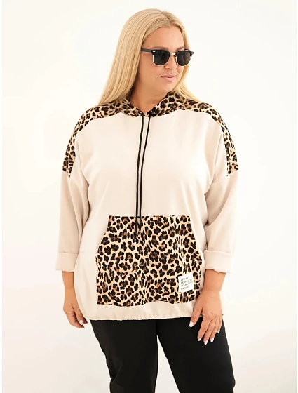 Dámska mikina Plus Size z viskózy s kapucňou a vložkami s leopardovým vzorom, béžová Dámska mikina Plus Size z viskózy s kapucňou a vložkami s leopardovým vzorom, béžová