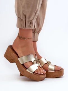 model 21661380 Kožené Elegantní Dámské Žabky S Ozdobou Zlaté - Zazoo