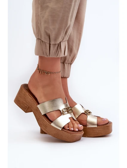 Zazoo 40412 Skórzane Eleganckie Klapki Damskie Z Ozdobą Złote