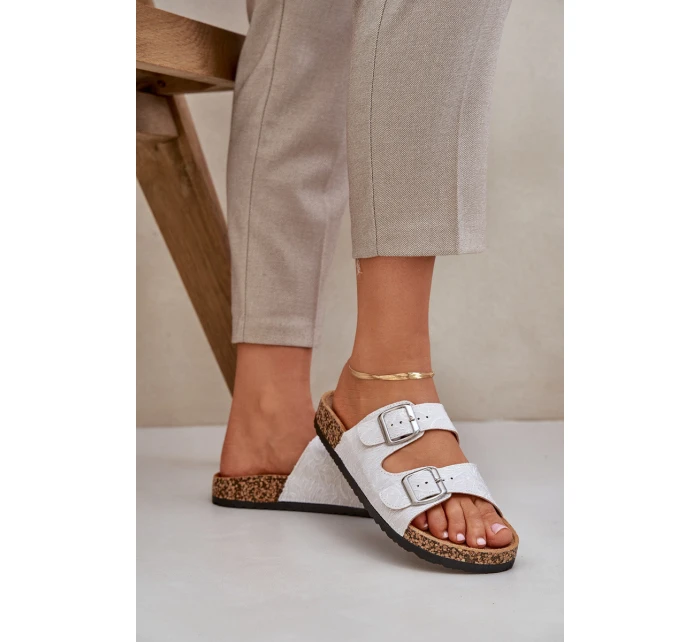 Materiałowe Klapki Na Korkowej Podeszwie Z Klamrami Jasnoszare Atera Materiałowe Klapki Na Korkowej Podeszwie Z Klamrami Jasnoszare Atera