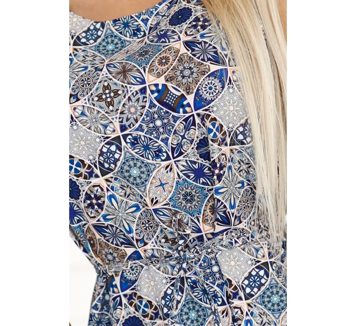 296-13 VICTORIA Trapézové boho šaty so stredomorskou potlačou - modré