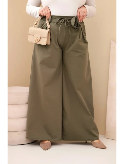 Plus veľkosť dámske široké nohavice s ozdobným kvetom v páse Khaki