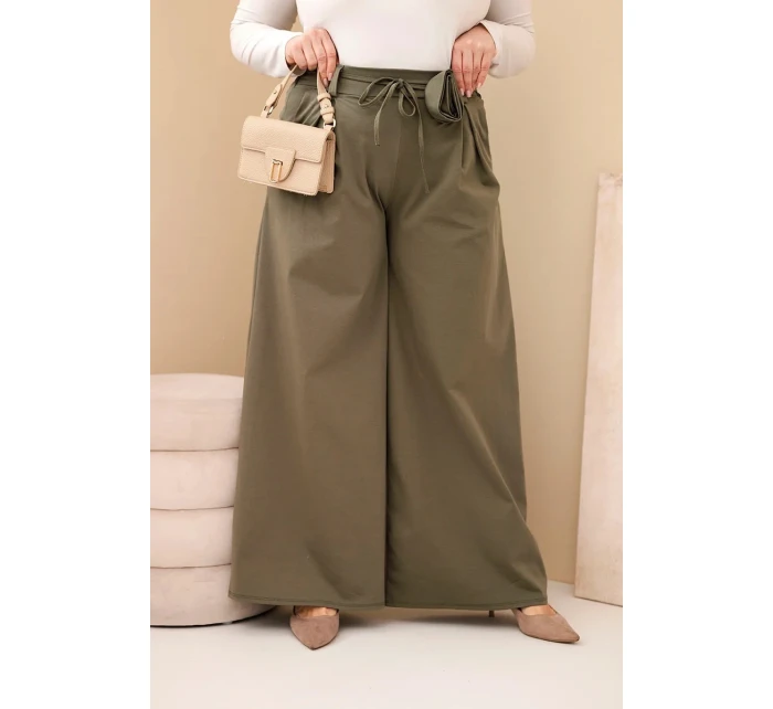 Plus veľkosť dámske široké nohavice s ozdobným kvetom v páse Khaki