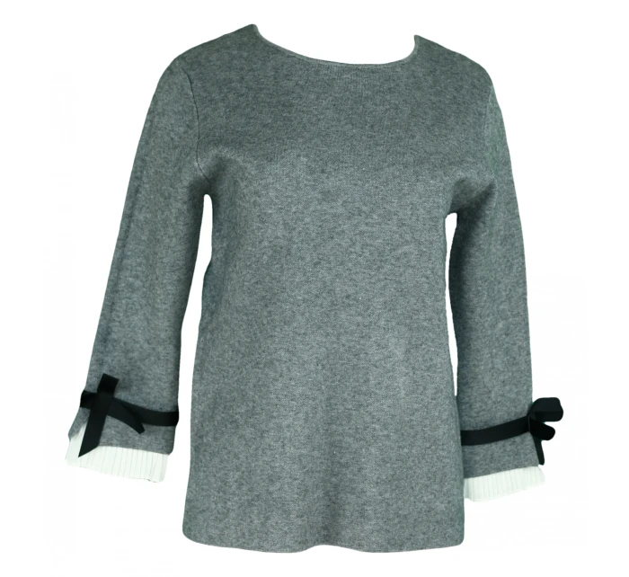 Dámsky sveter na rukávoch zdobený bielym plisovaným volánikom a čiernou stužkou SW 0202 - Gemini