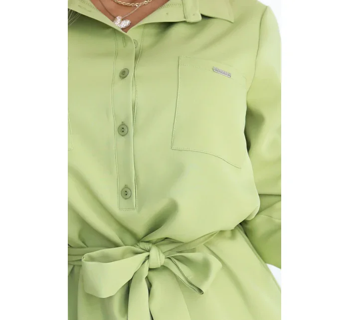 284-3 CAMILLE Košeľové šaty s vreckami a kravatou - OLIVE