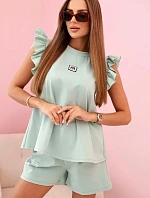 Dámska súprava s volánom - blúzka s krátkym rukávom a šortky s gumičkou tmavá mentolová