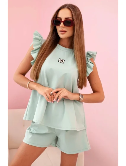 Dámska súprava s volánom - blúzka s krátkym rukávom a šortky s gumičkou tmavá mentolová