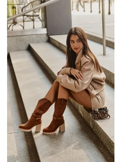 Kozaki Damskie Do Połowy Łydki Na Słupku Ocieplane Camel Ivanelis