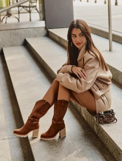 Kozaki Damskie Do Połowy Łydki Na Słupku Ocieplane Camel Ivanelis