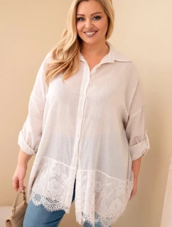 Dámske bavlnené tričko s čipkovým lemovaním v béžovej farbe