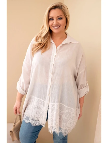 Dámská košile Plus Size bavlněná model 21886513 s krajkovým zakončením béžová - K-Fashion