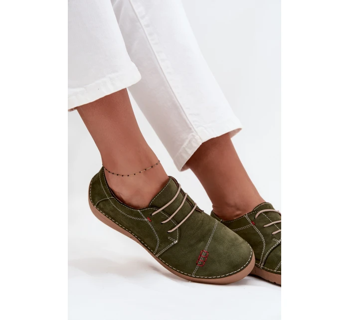 Skórzane Półbuty Damskie Z Przeszyciami Artiker 57C2112 Zielone