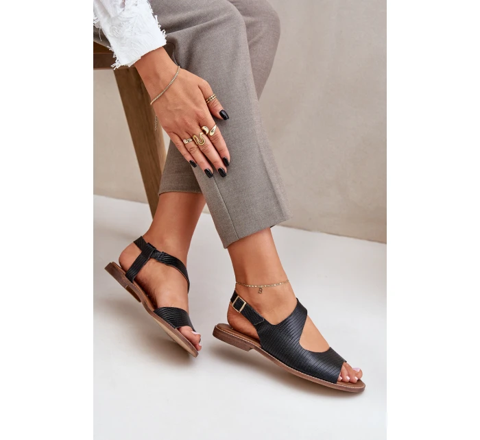 Skórzane Sandały Na Sprzączkę Z Tłoczeniem Lewski 3041 Czarne