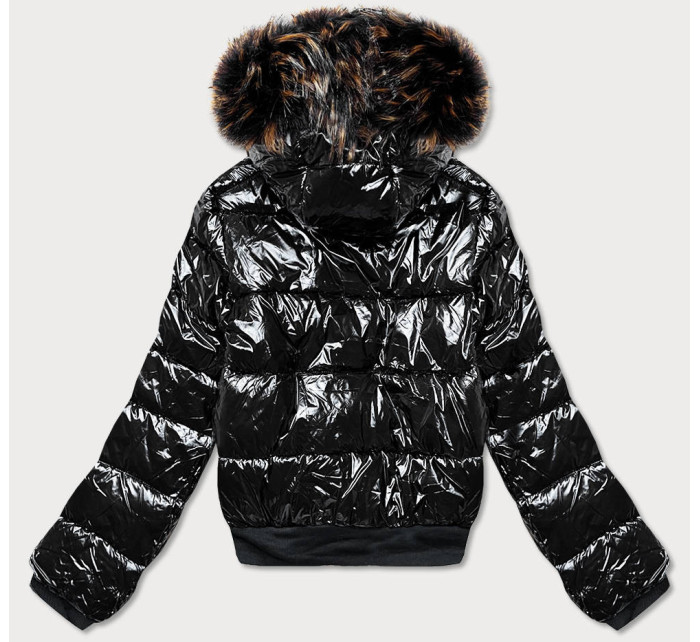 Čierna lesklá dámska bunda s kapucňou (739ART)