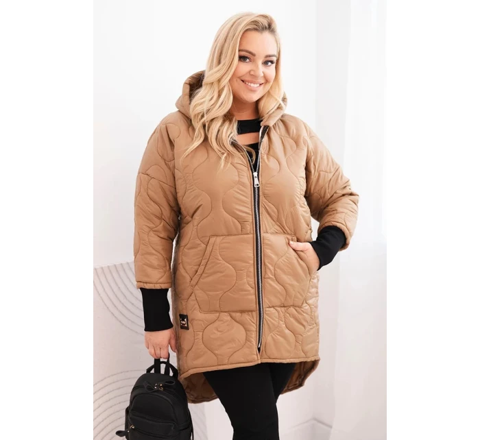 Dámská zimní bunda Plus Size prošívaná s kapucí camelová