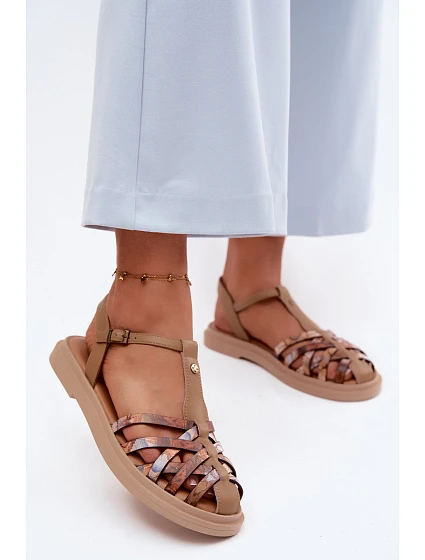 Kožené dámské sandály Ploché s Pásky model 22133487 Béžové - Maciejka