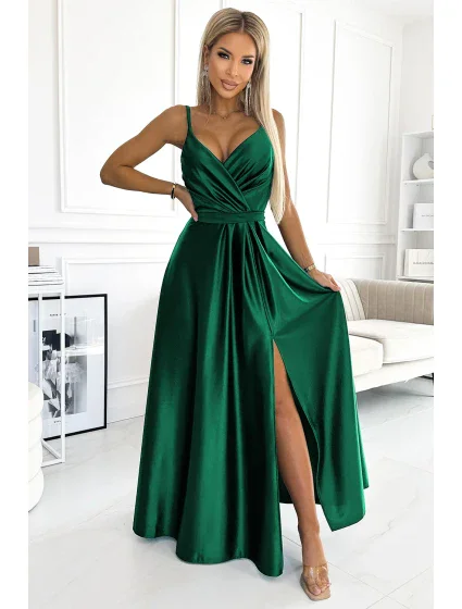 512-1 JULIET elegantné dlhé saténové šaty s výstrihom - BOTTLE GREEN 512-1 JULIET elegantné dlhé saténové šaty s výstrihom - BOTTLE GREEN