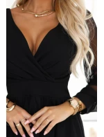 Elegantní midi šaty s obálkovým výstřihem a rukávy černé model 21794482 - numoco